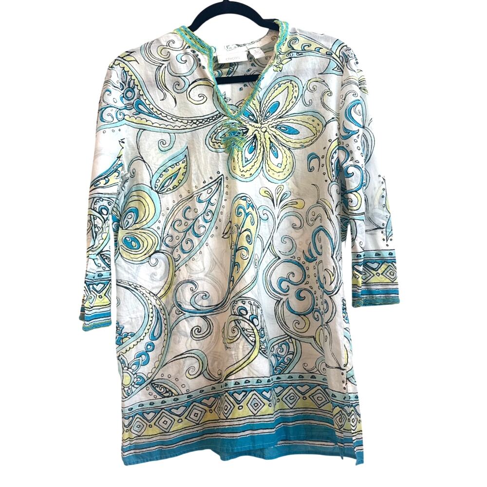 Chico’s White With Green and Teal Boho Floral Design Top with Beaded Detail